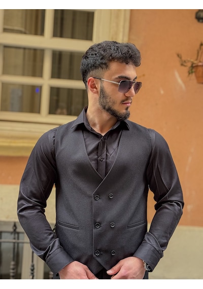 Dupont Classics Dupont Erkek Slim Fit 6 Drop Çift Yırtmaç Yelekli Takım Elbise Siyah