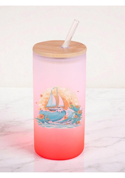 Sandal Baskılı 600 Ml Cam Matara- Su Matarası, Suluk Matara, Cam Pipetli Matara Kırmızı