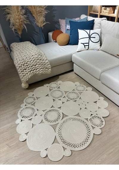 Mavaux Harmony Jüt Doğal Hasır Kilim Bej Geometrik Bohem Yuvarlak El Örmesi Halı Krem