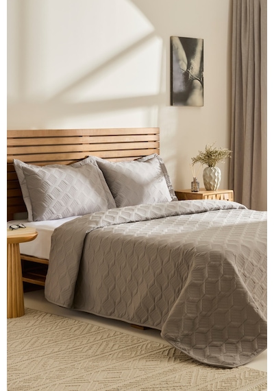 Kaşmir Home Greta Geometrik Çift Kişilik Yatak Örtüsü Takımı Koyu Gri 230x240 Cm Koyu Gri