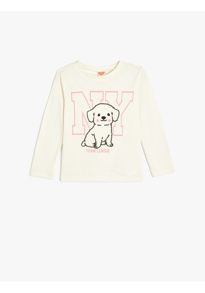 Koton Köpek Baskılı Uzun Kollu Pamuklu Bisiklet Yaka Tişört Ekru 5wmg10027ak Ekru