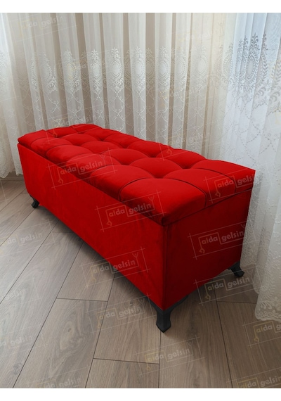 Lüks Çizgi Kapitoneli Sandıklı Puf Bench 120 Cm Siyah Ayak Kırmızı