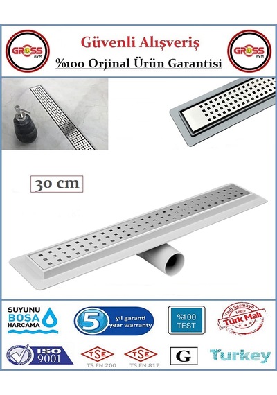 Duş Gider Kanalı - Dönerli Hazne - 304 Paslanmaz Izgara - 30cm