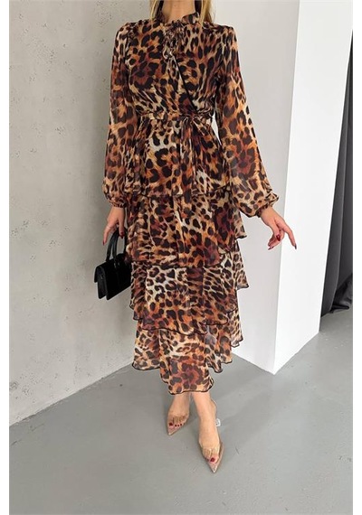 Neşeli Butik Kadın Eteği Kat Kat Leopar Desenli Şifon Elbise Nbkklf2036 Kahverengi