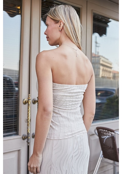 Jument Kadın Desenli Tül Strapless Likralı Body Bluz-bej