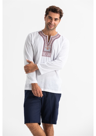 Uzun Kol Şile Bezi Bisiklet Yaka Etnik Erkek T-Shirt Beyaz Byz Beyaz