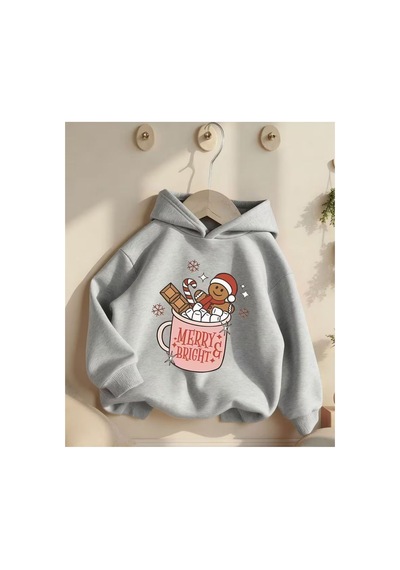 Herkesemoda Merry Bright Baskı Detaylı Kapüşonlu Sweatshırt Gri