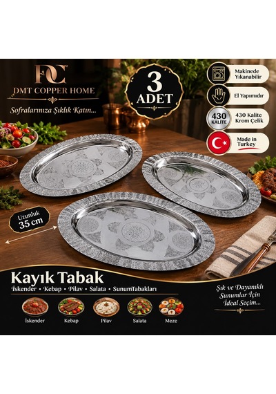 430 Kalite Krom Çelik Çirtikli Kayık 3 Adet Servis Tabağı 35 Cm İskender, Kebap, Pilav Ve Salata Sunum Tabağı Gümüş