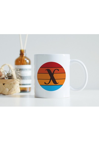X Harfi Retro Renkli Kupa Bardak - Vintage Tarz Yuvarlak Harfli Kahve Kupası - Kişiye Özel Hediye Beyaz
