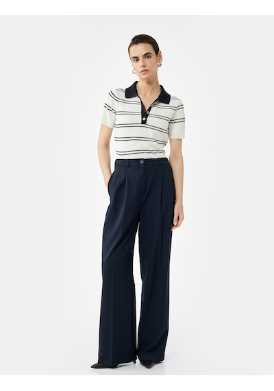 Koton Regular Fit Düğmeli Kısa Kollu Polo Yaka Triko Kazak Lacivert Çizgili 6wak90059ht Lacivert Çizgili