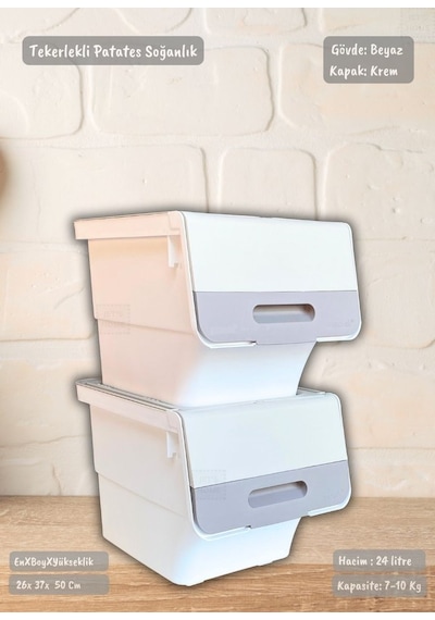 2'li Tekerlekli Patateslik Soğanlık Bpa Free Erzak Kutusu Sebzelik Oyuncaklık Beyaz Krem 24 Lt Krem-beyaz