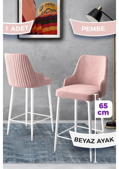 Canisa Tera Serisi 1 Adet 65 Cm Pembe Ada Mutfak Bar Sandalyesi Babyface Kumaş Beyaz Metal Ayaklı Sandalye Pembe Ayakları Beyaz