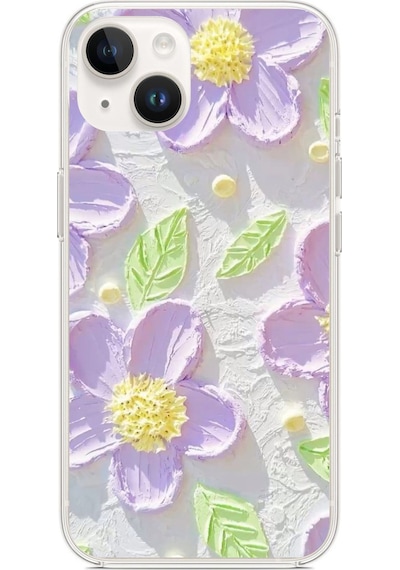 Apple Uyumlu iPhone 13 - 14 Mor Papatyalar Sulu Boya Baskılı Silikon Kılıf Renkli