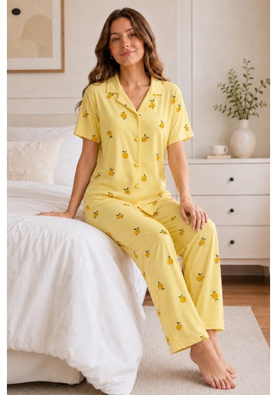 Northcity Sarı Limon Desenli Kısa Kollu Gömlek Yaka Milan Kumaş Kadın Pijama Takımı