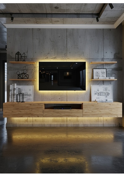 Resital Duvara Monte Ledli 270 Cm Tv Ünitesi Duvar Raflı - Ll6034 Atlantik Çam