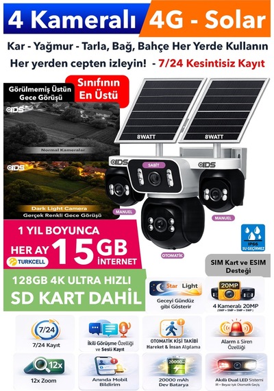 4 Kamera 20mp 4g Güneş Enerjili Güvenlik Kamerası Üstün Gece Görüşlü 128gb Sd Kart 180gb İnternet