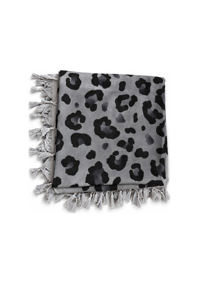 Umttrend Pamuklu Boncuklu Yazma 110cm X 110cm Leopar Desenli Gri
