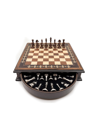 Özel - 396 - Tasarım El İşi Yuvarlak Satranç Tahtası Ve Metal Satranç Taşları Mcyv28 - Bakır-gümüş, - Muratech - Kahve Ta