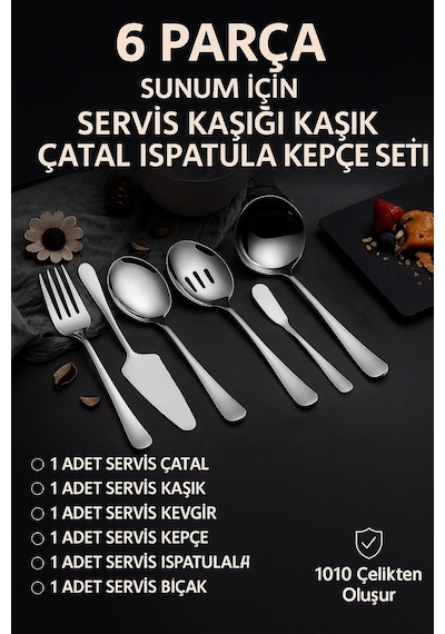 6 Parça Silver Sunum İçin Servis Kaşığı Kaşık Çatal Spatula Reçel Seti Cin613slv Gümüş