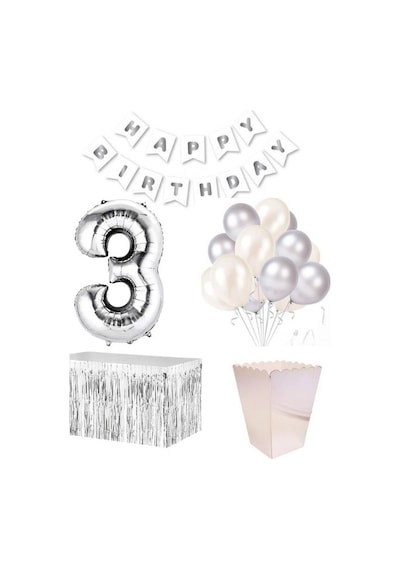 3 Yaş Beyaz Gümüş Balon Rakam Folyo Banner Mısır Kutusu Masa Et