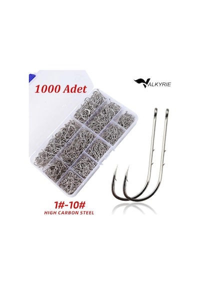 Valkyrie 1000 Adet Olta İğnesi Seti 1 -10 Yüksek Karbon Çelik, Halkalı Göz, Keskin Uç Profesyonel Balıkçı İğnesi