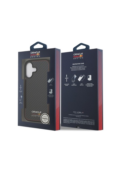 Apple Uyumlu iPhone 17 Kılıf Redbull Lisanslı M-safeli Karbon Fiber Parlayan Logolu Kevlar Kapak Siyah Siyah