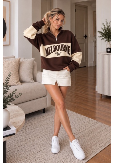 Lima Kahve Kadın Melbourne Baskılı Oversize Sweatshirt Yarım Fermuarlı Dik Yaka Uzun Kollu Sweat Lima Kahve Kadın Melbourne Baskılı Oversize Sweatshirt Yarım Fermuarlı Dik Yaka Uzun Kollu Sweat