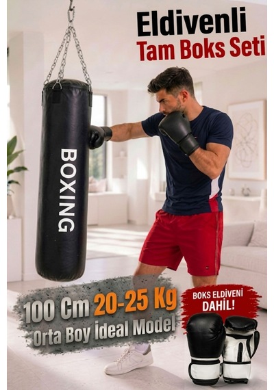 100 Cm x 30 Cm Siyah Boks Torbası + Boks Eldiveni + Tavan Kancası Siyah