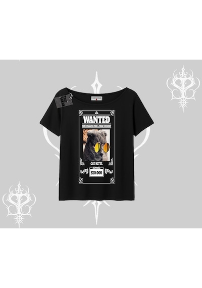 Tarzsokak Wanted Temalı Kedi Baskılı Kayık Yaka Tshirt Siyah