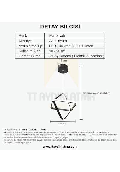 Tt316-Sy Tt Aydınlatma 2Kare Modeli Mat Siyah Led Avize