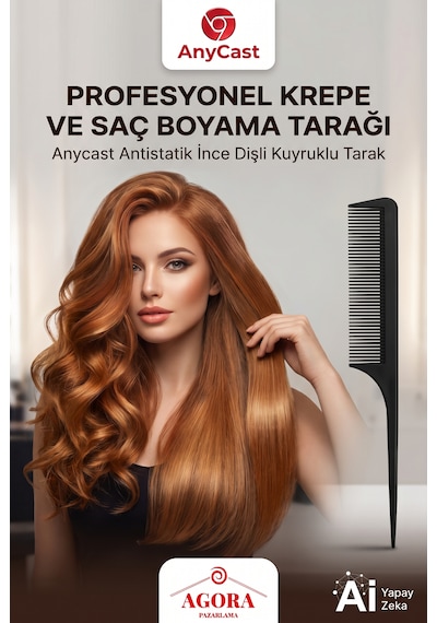 Anycast Profesyonel Krepe Ve Saç Boyama Tarağı, Antistatik İnce Dişli Kuyruklu Tarak Saç Tarağı