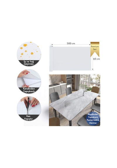 Technosmart 60x500cm Mermer Desen Kendinden Yapışkanlı Duvar Kağıdı Kaplama Mutfak Tezgeh Masa Folyo Açık Gri