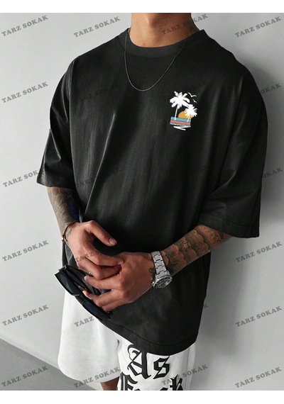 Startmore Palmiye Baskısız Baskılı Oversize Kalıp Unisex T-shirt Siyah