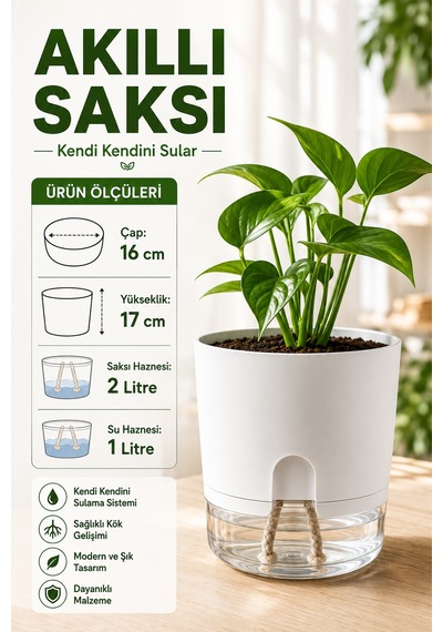 Akıllı Saksı Kendinden Sulamalı Fitilli Modern Dekoratif Saksı 2 Litre