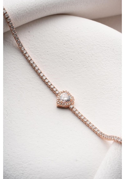 925 Ayar Gümüş Rose Kaplama Beyaz Taşlı Kalp 2 Mm Zirkon Taşlı Suyolu Bileklik Rose