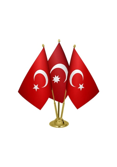 Masa Üstü Osmanlı Devleti Bayrağı Türk Bayrağı Üçlü Pirinç Direk