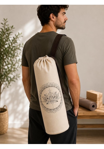 Yoga Mat Taşıma Çantası Hayat Ağacı Lotus Namaste Desenli Hambez Kanvas 70x21 Cm Açık Kahverengi