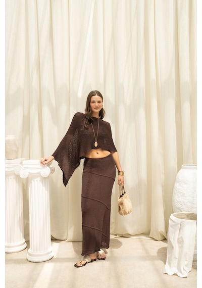 Mai Collection Praiano Asimetrik Kahve Crop Etek Takım
