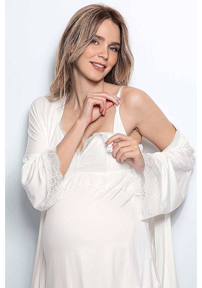 Monamise 18433 Hamile Lohusa Sabahlıklı Pijama Takım - Ekru
