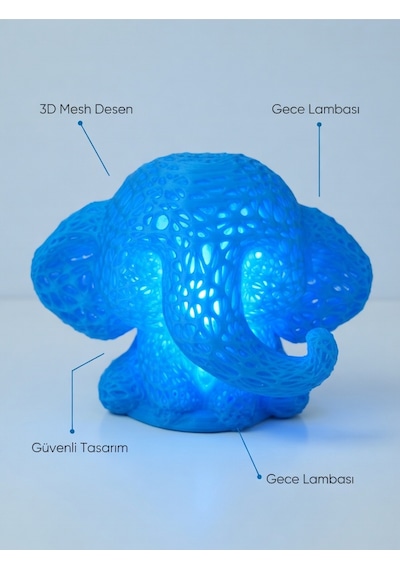 Sevimli Fil Çocuk Odası Gece Lambası 3d Tasarım Led Işıklı Masaüstü Mesh Dekor Hediyelik Mavi