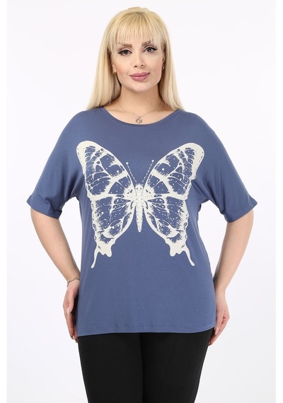 Kelebek Baskılı Taşlı Büyük Beden Kadın Tshirt 37B-2096 Çok Renkli