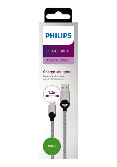 Philips Dlc2628t/97 Usb-a To Usb-c Örgülü Hızlı Şarj Kablosu, 1.2 Metre, Gri