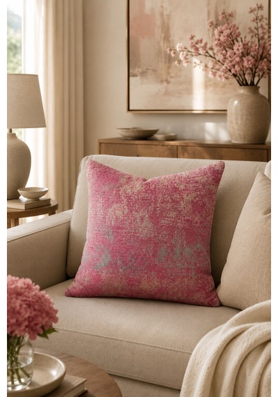 Pembe Gri Dokulu Jakarlı Dekoratif Kırlent Kılıfı 43x43 Cm