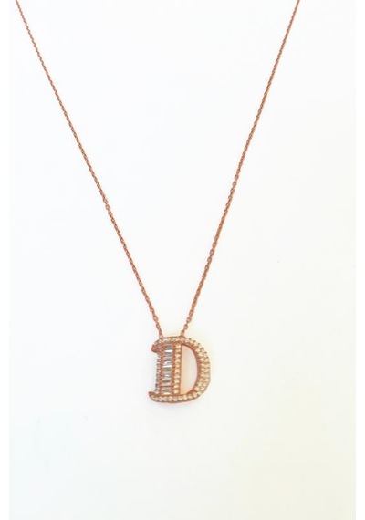Baget Taşlı Pırlanta Model Gümüş Harf Kolye Rose Gold