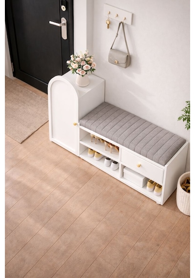Kidy Woody Modern Oturaklı Puflu Ayakkabılık Beyaz Çok Amaçlı Antre Dolabı 120x40x70 Cm - Mdf Kapaklı Kidy Woody Modern Oturaklı Puflu Ayakkabılık Beyaz Çok Amaçlı Antre Dolabı 120x40x70 Cm - Mdf Kapaklı