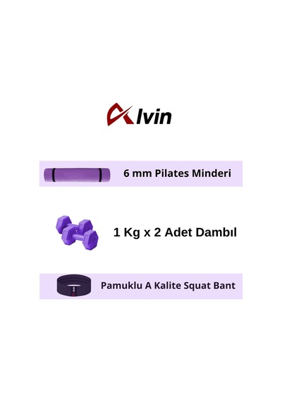 6 Mm Pilates Minderi + 2 Adet 1 Kg Dambıl + Pamuklu A Kalite Squat Bandı Fitness Egzersiz Seti Mor