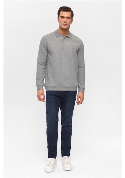 SÜVARİ Gri Regular Armürlü Polo Yaka Sweatshirt Gri