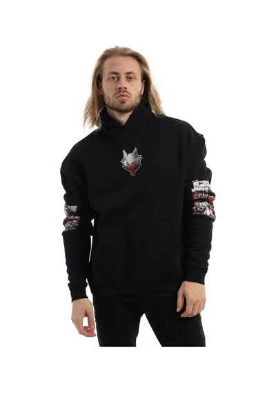 Polostate Erkek Kitsune Anime Girl Baskılı 3 İplik Kapüşonlu Sweat Siyah
