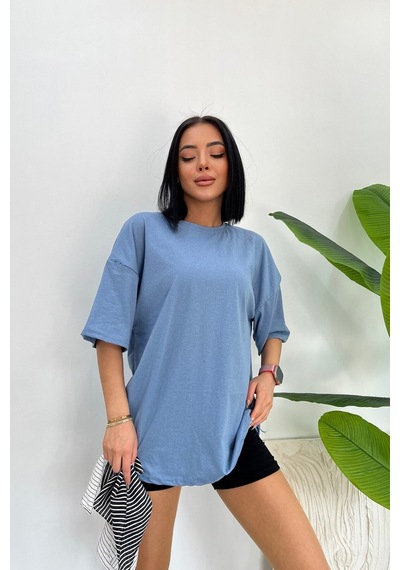 Startmore Unisex Pamuk Bisiklet Yaka Oversize T-shirt Bebe Mavisi