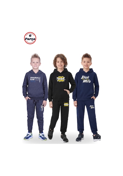 Panios Kids 3'lü Kanguru Cepli Kapüşonlu Baskı Detaylı 6 Parça Erkek Çocuk Eşofman Takımı Füme - Lacivert